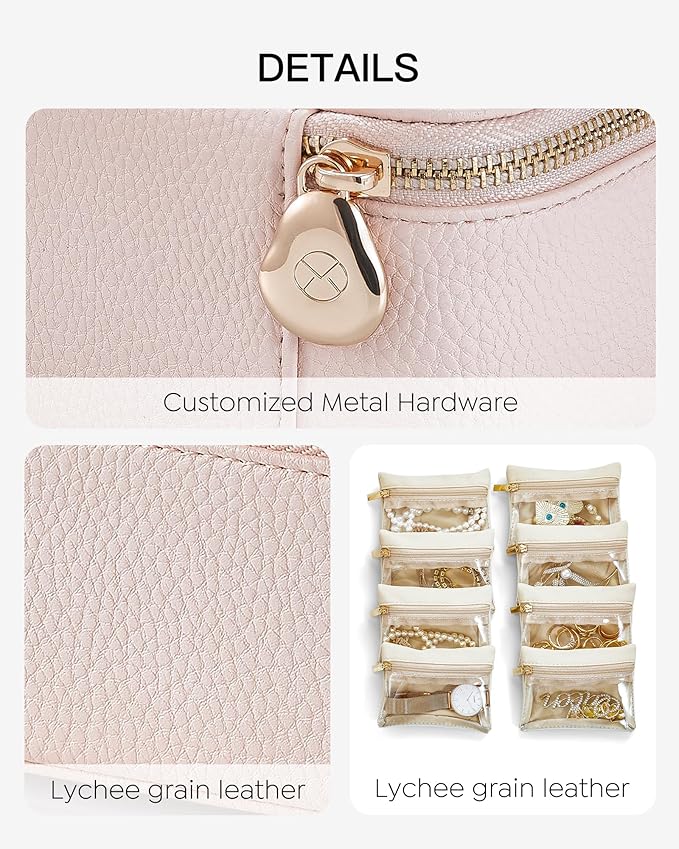 Vlando Jewelry Travel Case,Valentines Gifts for Her,Travel Jewelry Organizer with Clear Velvet Jewelry Bags 8Pcs Zipper Pouch for Women Girl Gift-Pink