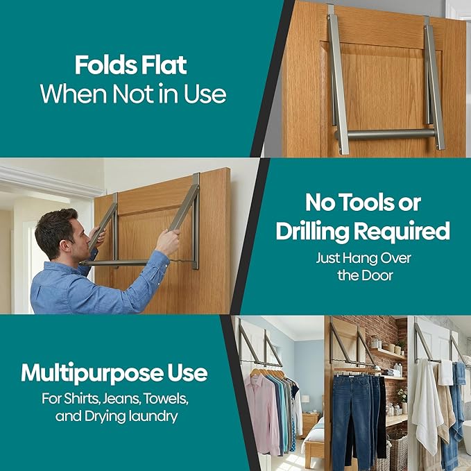 HOLDN’ STORAGE Over The Door Hanger - Foldable Rack Organizer for Hanging Clothes, Coats & Towels, Ideal for Dorm Rooms, Laundry, Bathrooms, Etc - Holds up to 35 LBs, Collapsible - Satin Nickel