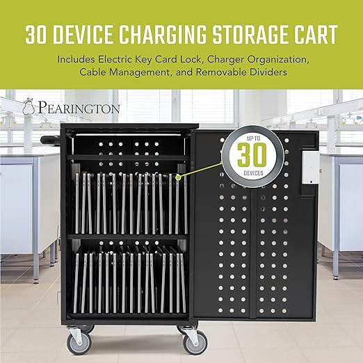 Pearington 30 Device Charging Cart with Electric Key Card Lock, Charger Organization, Cable Management, Laptop-Chromebook Charging Mobile Storage Station, Black