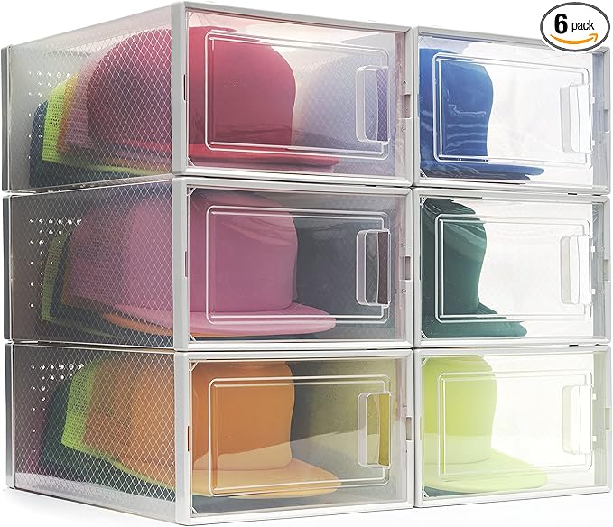 Boxy Concepts Plastic Hat Organizer - 6-Pack, 13" x 5.5" x 9" - Easy Assembly Hat Organizer for Wall - Stackable Transparent Baseball Cap Storage - Space-Saving Cap Holder for Closet