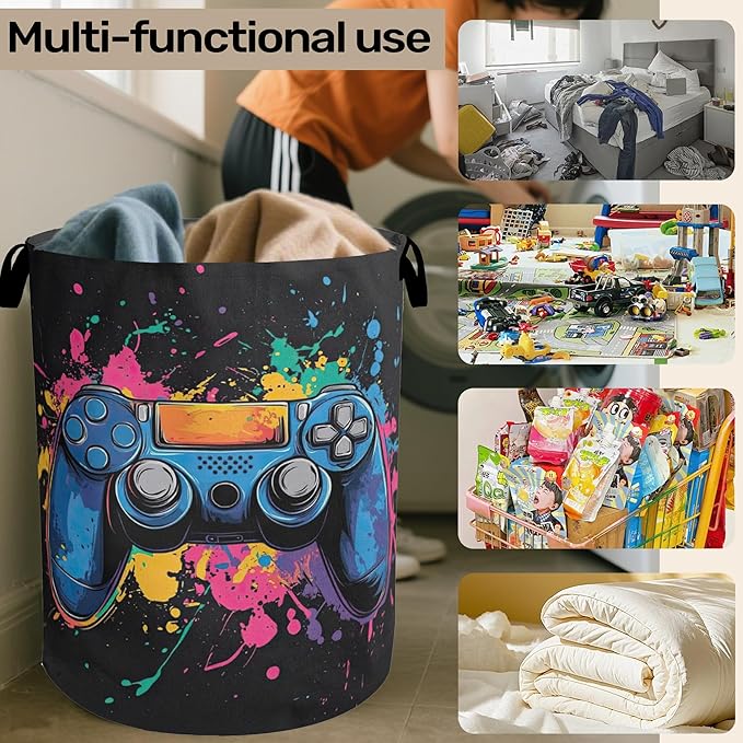 Laundry Basket, Dirty Clothes Basket, Gamers Controller Foldable Canvas Laundry Hamper with Handles - Toy Organizer, Heavy Duty for Home, Bedroom, Dorm, Bathroom