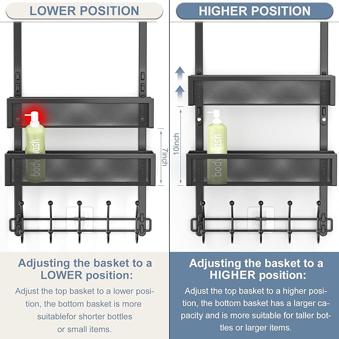 Adjustable Over The Door Hooks Organizer, Door Hanger Coat Rack with 2 Mesh Baskets and 10 Hooks, Back of Door Storage Organizer for Bedroom,Bathroom,Kitchen (Black)