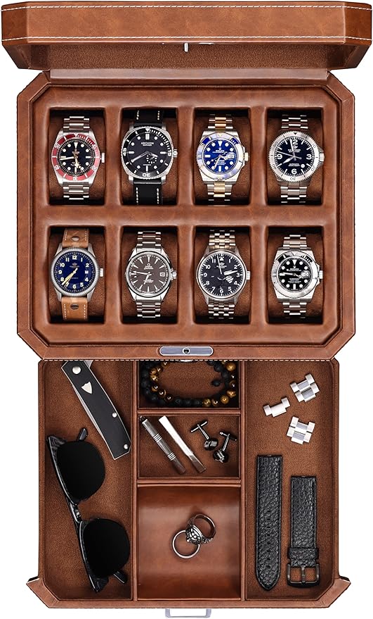ROTHWELL 8 Slot Leather Watch Box with Valet Drawer - Luxury Case Display Jewelry Organizer, Locking Display Case Holder, Real Glass Top - Watch Box Organizer for Men & Women (Tan/Brown)