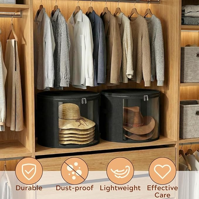 Ofiray-home 2 Pack Large Clear Hat Storage Boxes, Hold up to 7-9 Hats, Hat Organizer for Closet, Sturdy & Foldable, Hat Box with Carrying Handles for Round Brim, Wide-Brim, Cowboy, Sun Hat (Black)