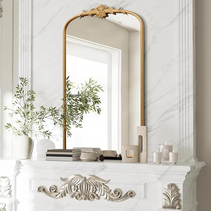 Besdomus Large Vintage Arched Mirror: 24"x42" Arch Gleaming Gold Antique Wall Mounted Mirror - Traditional Ornate Home Decor for Entryway/Fireplace/Bathroom - Idea for Trendy Fashionistas