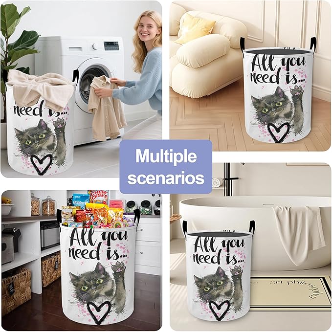 Cute Cat Laundry Basket, All you Need is Oxford Cloth Laundry Hamper With Handle Foldable Portable Clothes Storage Basket Storage Bag For Laundry Room/Bathroom/Bedroom/Dormitories