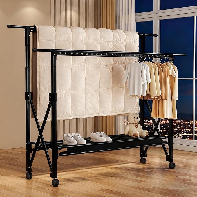 Double Rod Foldable Extendable Rolling Clothes Drying Garment Rack with Wheels, Heavy Duty Adjustable Freestanding Metal Clothes Rack for Indoor Outdoor Balcony Laundry, Black