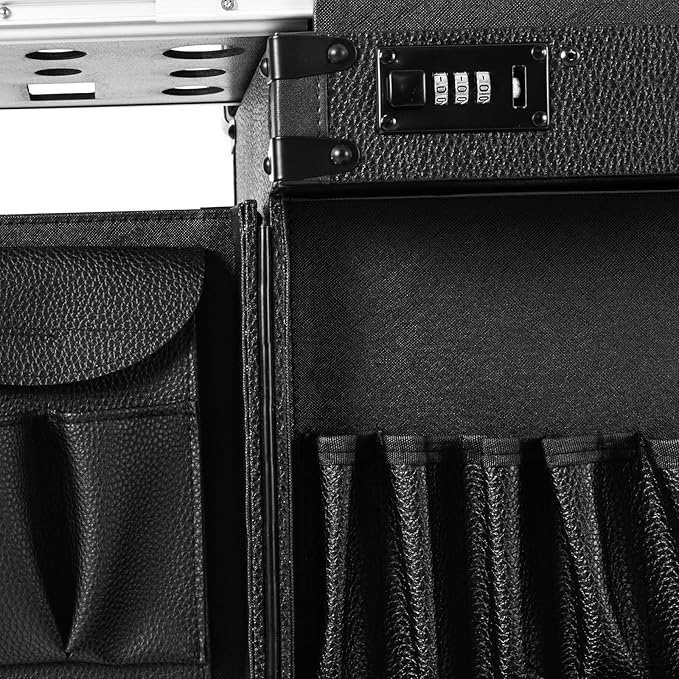 Rolling Makeup Case Large Storage Cosmetic Trolley, Rolling Lockable Makeup Train Case, Stylist Beauty Salon Cosmetic Luggage Travel Organizer Tool Box with Hair Dryer Holder (Black)