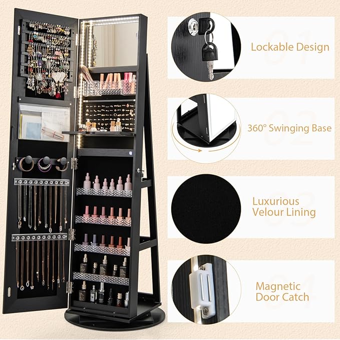 GOFLAME 360° Swivel Jewelry Cabinet Armoire with Full Length Mirror, Standing Jewelry Storage Organizer with Rear Storage Shelves, 3-Color LED Lights, Foldable Shelf, Interior Mirror, Black