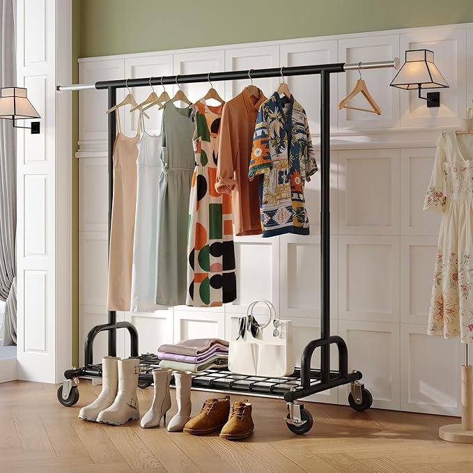 Raybee Heavy Duty Clothes Rack, Clothing Racks for Hanging Heavy Clothes 200+, Rolling Clothing Rack Load 530 LBS, Extendable & Adjustable Portable Commercial Garment Rack with Wheels, Black