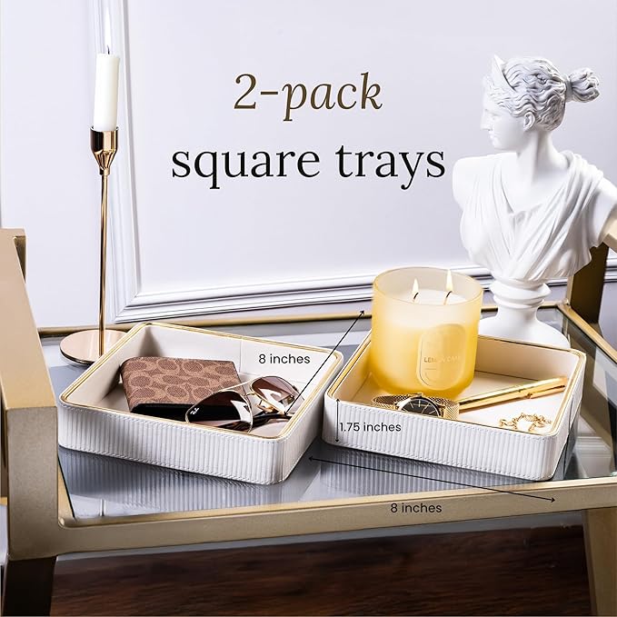 ZHEM Catch All Trays for Jewelry| Small Leather Valet Tray| Key Bowl for Entryway Table EDC Trinket Tray Catch All| Perfume Trays for Dresser Organizer Perfume Holder (White 8"x8"x1.8" 2 Pack)