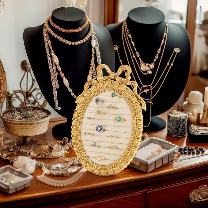 Vintage Ring Holder Round Bow Gold Ring Wedding Display Suede Jewelry Box Stand Frame Earring Tray Anniversary Engagement Baroque Organizer Photograph Prop for Women Birthday Christmas Gift