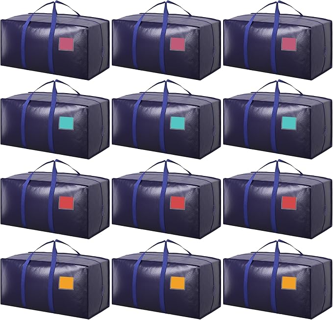 12 Pack Extra Large Heavy Duty Moving Bags with Reinforced Zipper & Wide Handles, Moisture-Resistant Storage Bins Packing Cubes for Clothes, College Dorm, Travel, and Home Organization, DarkBlue