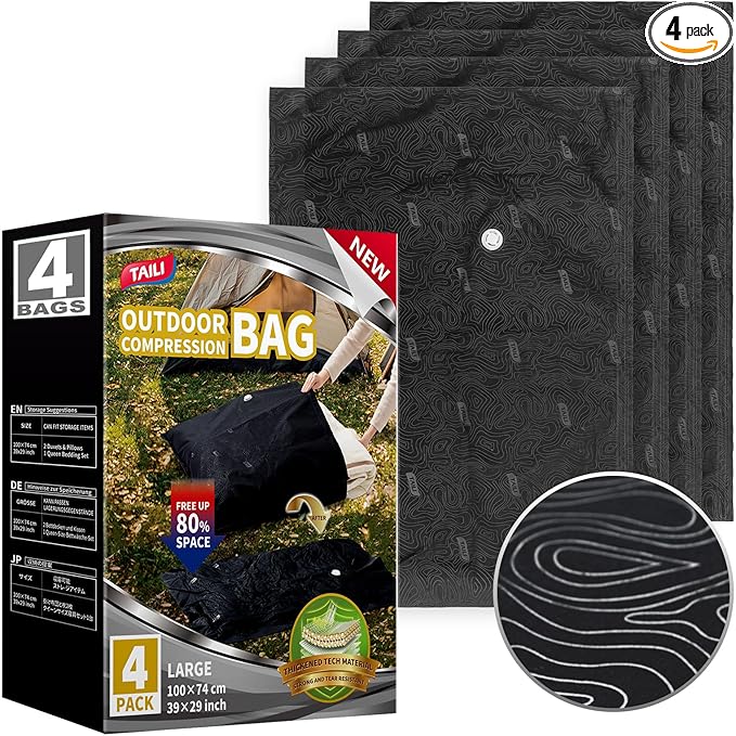 TAILI 4 Pack Outdoor Vacuum Storage Bags, Travel Compression (39x29 inch), Tear-Proof Vacuum Seal Bags for Camping, Cushion, Clothing, Waterproof, Wearproof, Punctureproof