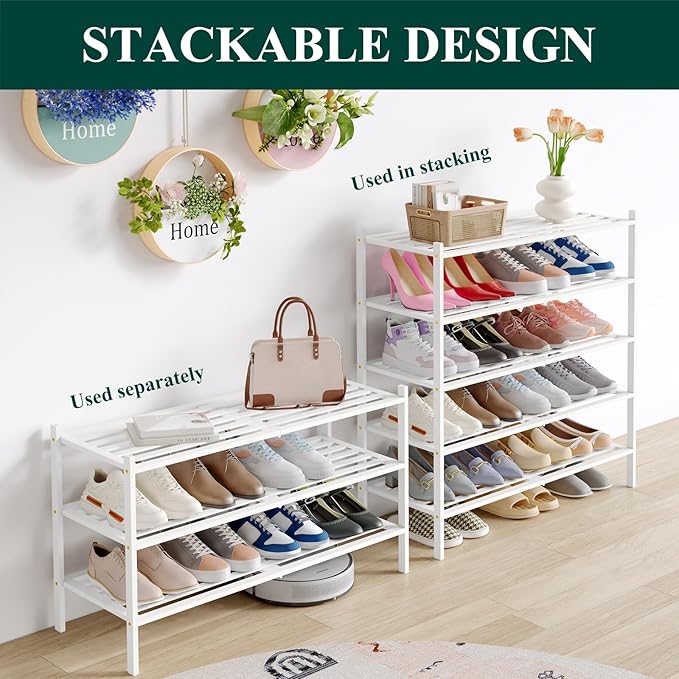 Smiry Long Bamboo Shoe Rack 6-Tier, Stackable Wooden Shoe Organizer for Entryway & Closet, Free Standing Wood Shoe Storage Shelf for Front Door & Small Spaces, White