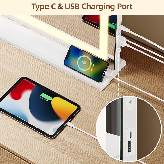 Vanity Mirror with Lights, 23"x 18" Makeup Mirror with 3 Color Modes 5X Magnification & USB/Type-C Charging Port, Large LED Mirror for Bedroom Tabletop & Wall Mounted