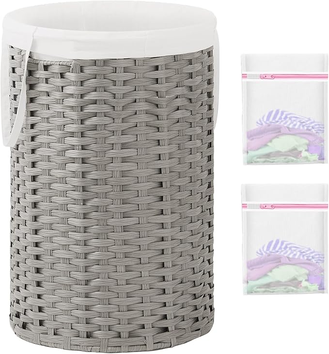 34.3 Gal (130 L) Large Laundry Hamper Laundry Basket Round Handwoven Wicker Laundry Baskets Rattan Laundry Basket with Removable Bag Handles 2 Mesh Bags for Living Room Bedroom Gray (No Lid)
