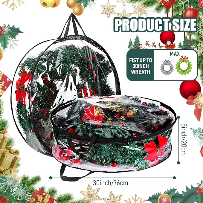 Shappy 6 Pieces Christmas Wreath Storage Container 30 Inch Wreath Plastic Storage Bags with Dual Zippers and Handles for Xmas Thanksgiving Holiday Artificial (Clear,Black)