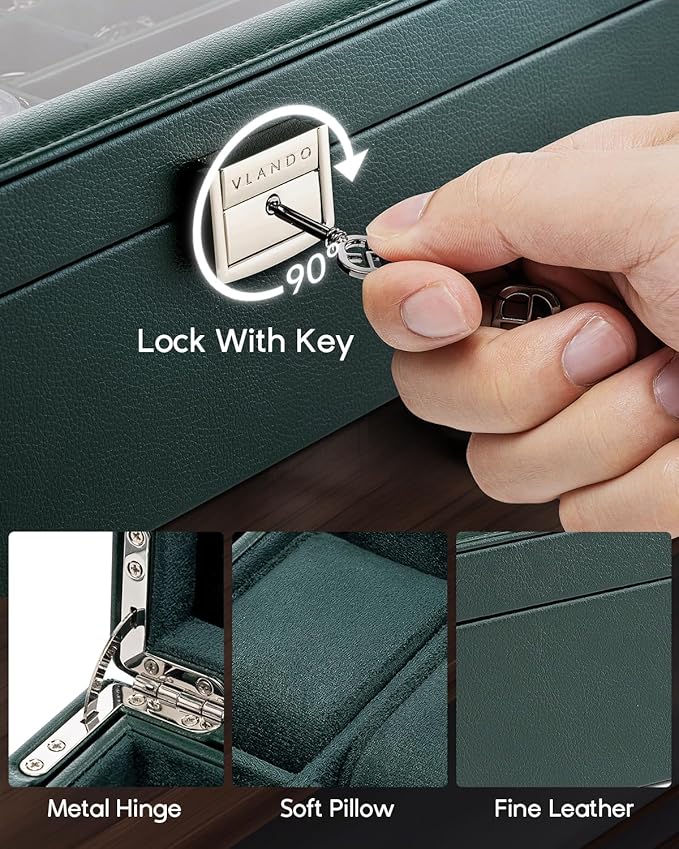 Vlando 6-Slot Watch Box Organize, Lockable Watch Case with Textured Leather, 2 Layer Watch Holder for Rings, Bracelets, Glasses, Glass Lid, Removable Divider, Gift for Fathers, Husband, Friend, Green