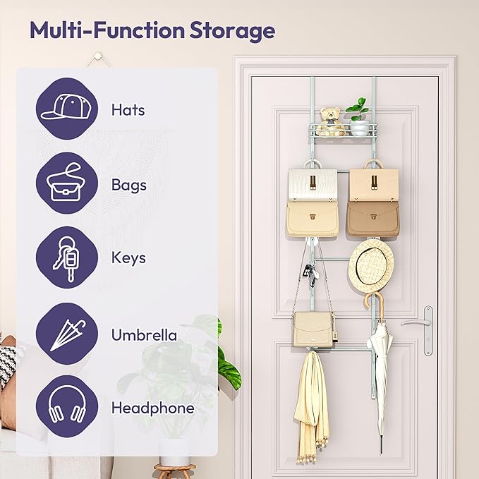 SWTYMIKI Over The Door Purse Organizer - Wall Mounted Handbag Organizer with 16 Hooks and Metal Basket, Hanging Purse Storage Rack Holds up to 16 Bags, Bag Rack Can Use As 1/2 Part, for Door, Closet