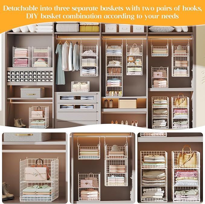 5 Tier Hanging Closet Organizer Separable Hanging Closet Shelves with 4 Hooks 2 Adjustable Dividers, Wire Storage Basket Bins for Clothing Sweaters Socks Dolls Handbags, Foldable
