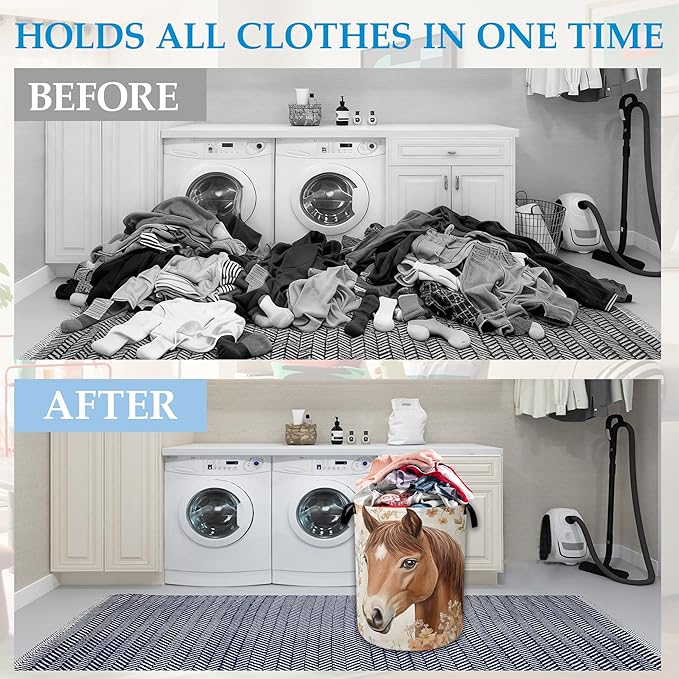 Horse Flowers Laundry Basket Collapsible Laundry Hamper Oxford Storage Bin for Clothes Storage, Toy Organizer, Books and Sundries 16" X 20.8"