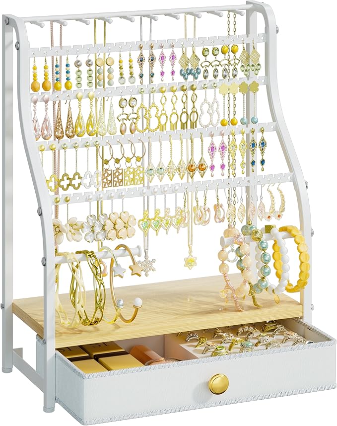 SWTYMIKI Earring Holder Organizer - Jewelry Organizer Stand with Necklace Hooks, Watch Rods, Nonwoven Drawer, Large Capacity Jewelry Display for Stud Earring Bracelet Necklace Ring, White
