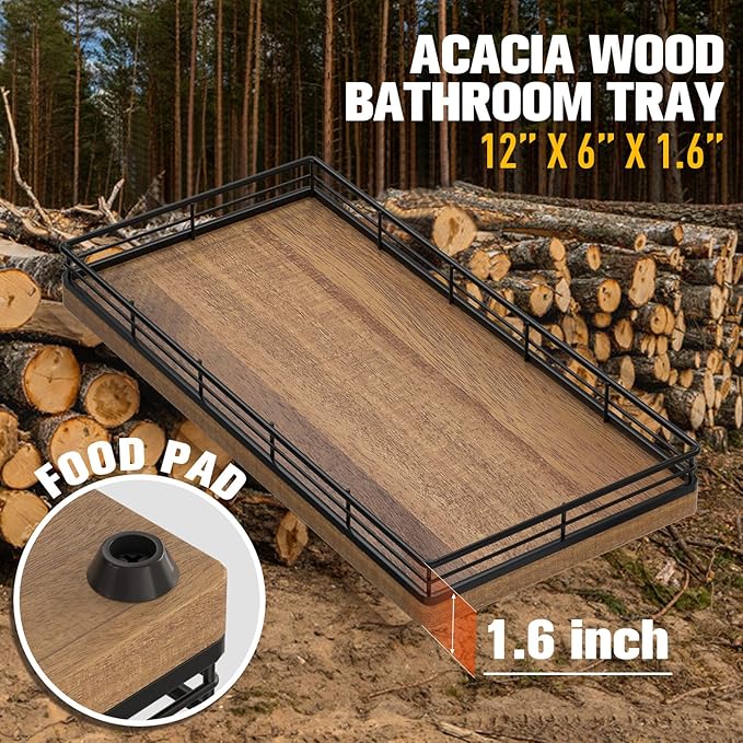 Bathroom Vanity Tray – 12" x 6" Acacia Decorative Wooden Tray for Toilet Tank Organizer Wood Tray for Bathroom Countertop, Soap, Perfume Accessories Storage, Vanity Dresser Decor Black & Acacia