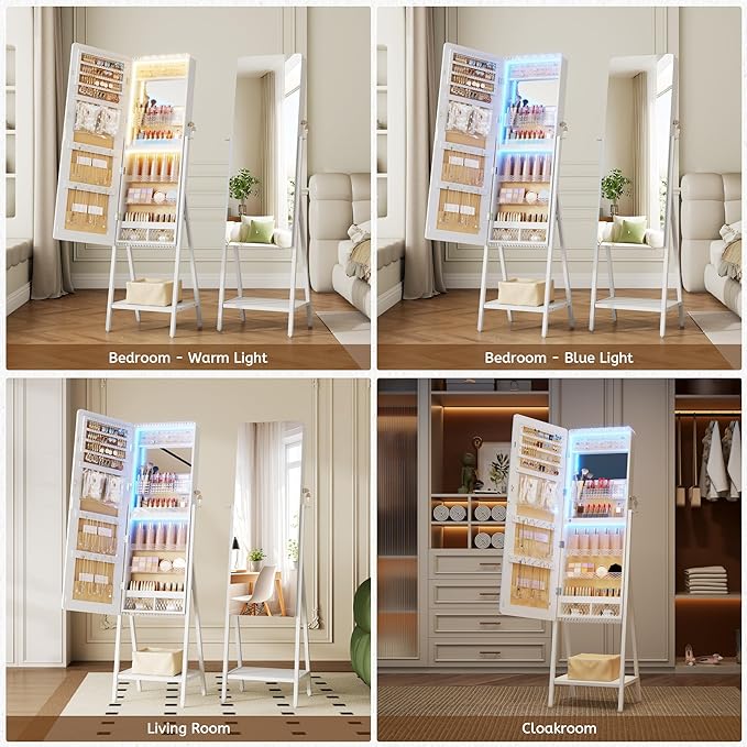 LVSOMT LED Standing Jewelry Mirror Cabinet, Stand Up Full Length Mirror with Storage, Lockable Floor Jewelry Armoire Organizer with 2 Drawers, Bottom Shelf, Built-in Lighted Makeup Mirror (White)
