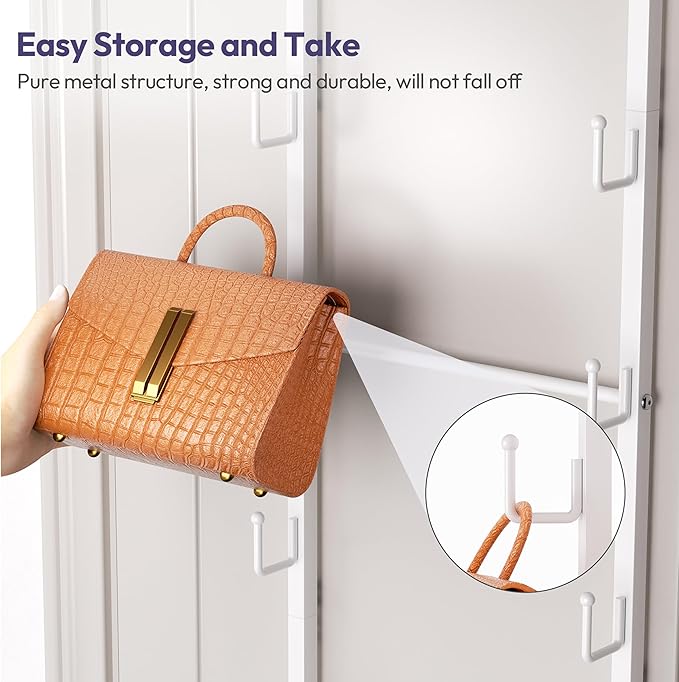 SWTYMIKI Over The Door Purse Organizer - Wall Mounted Purse Rack with 16 Hooks and Metal Basket, Hanging Handbag Storage Organizer Holds up to 16 Bags, Bag Rack Can Use As 1/2 Part, for Door, Closet