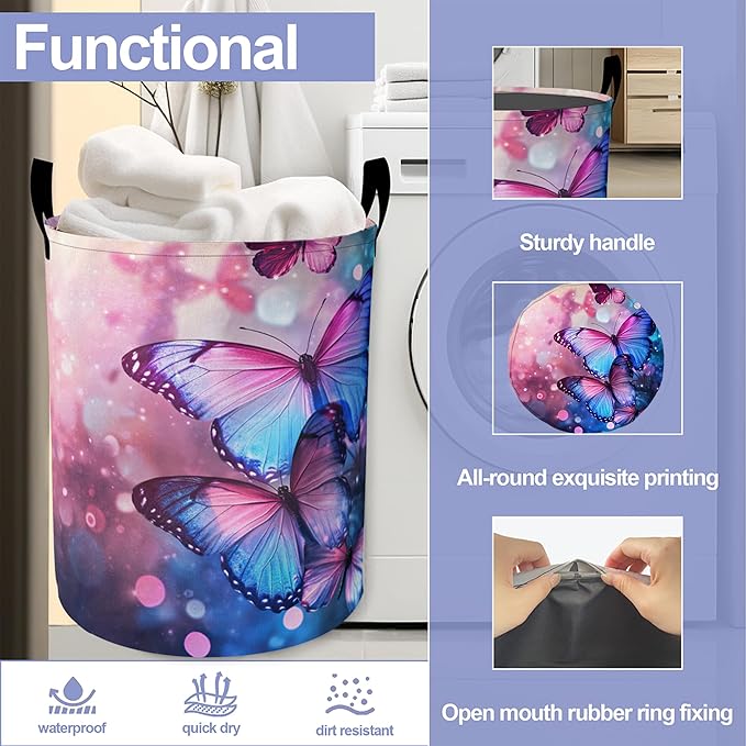 Purple Lavender Laundry Basket, Butterfly Oxford Cloth Laundry Hamper With Handle Foldable Portable Clothes Storage Basket Storage Bag For Laundry Room/Bathroom/Bedroom/Dormitories