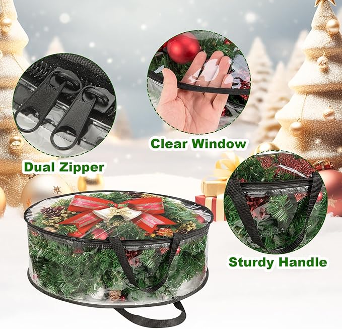 SHUESS 5 Pack Clear Wreath Storage Bags, 24 x 8 Inch Christmas Wreath Storage Container, Heavy Duty PVC Wreath Protector with Dual Zippered and Reinforced Handle for Holiday Seasonal Wreath Garland