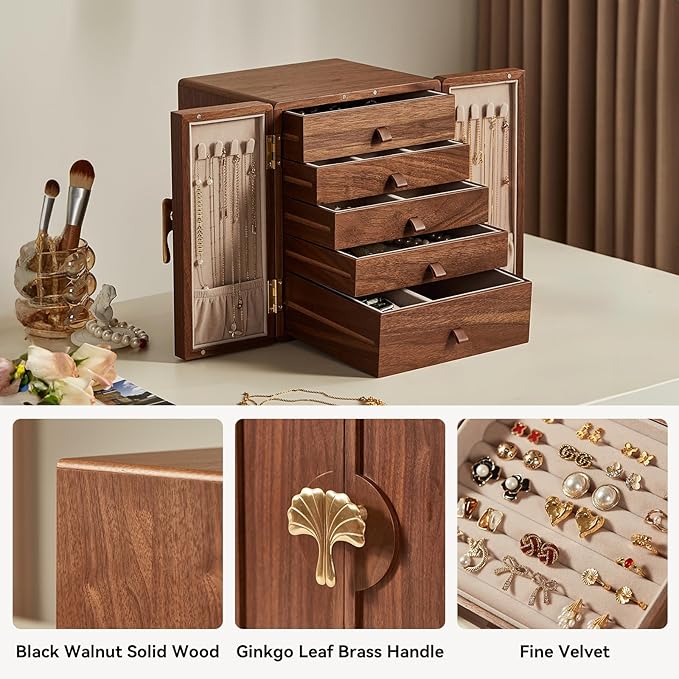 CHOSIN Black Walnut Wooden Jewelry Box 5 Layer Large Wood Jewelry Organizer Brass Handle for Necklaces Rings Earrings Watches Storage Valentines Day Gifts for Her(7.9x8.7x10.0inches)