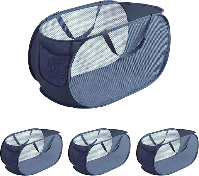 4 Pcs pop up laundry hamper Sturdy Large Capacity collapsible laundry basket,Laundry Room,Toy storage,Versatile Use-Home,Camping,Dorm,Hotel,Travel(Navy Blue)