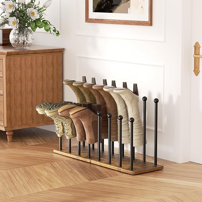 pickpiff Boot Rack 8-Pair Shoe Organizer Tall 16.4'' Free Standing Shoes Holder Metal With Wood Base