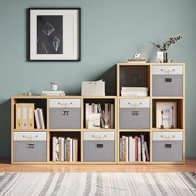 12x12 storage cube bins 4 Pack,Collapsible Fabric Storage Cubes with Labels,Linen Cube Storage Organizer Bins with Cotton Handles,Square Storage Cubes for Home,Office,Clothes,Cabinet (White Grey).