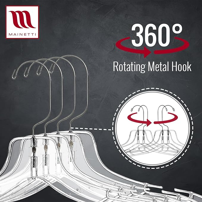 Mainetti Clear Plastic Clothes Hangers 20 Pack | 17-Inch Space Saving Hangers with 360 Swivel Metal Hook & Notches for Straps | Closet Hangers Ideal for Shirts, Tops, Dresses and Jackets (5400SCR20)