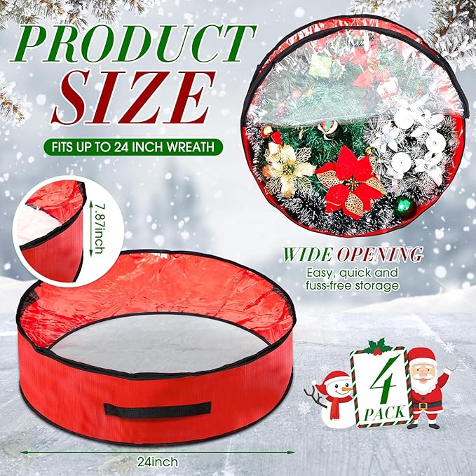 4 Pcs Christmas Wreath Storage Bag, Christmas Garland Storage Container with Clear Window, Zipper & Handle for Xmas Holiday Seasonal Wreath Garland Box(Red,24")