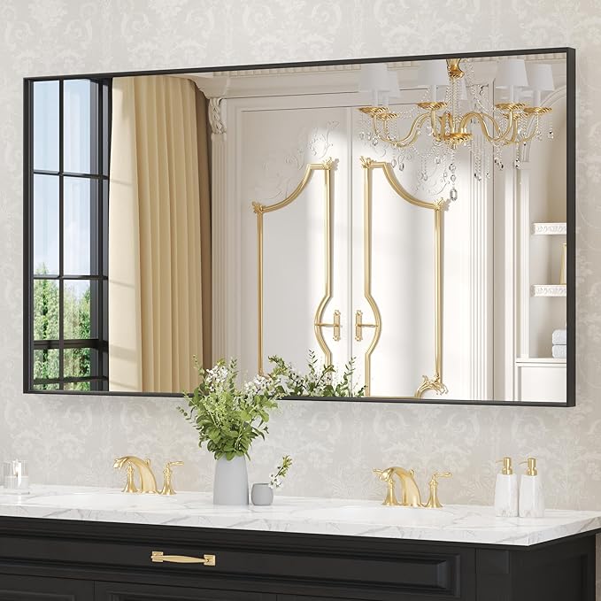 LOAAO Black Bathroom Mirror 60"X28" for Wall, Rectangle Bathroom Vanity Mirror, Tempered Glass, Hangs Vertically or Horizontally, Easy to Install, Modern Design