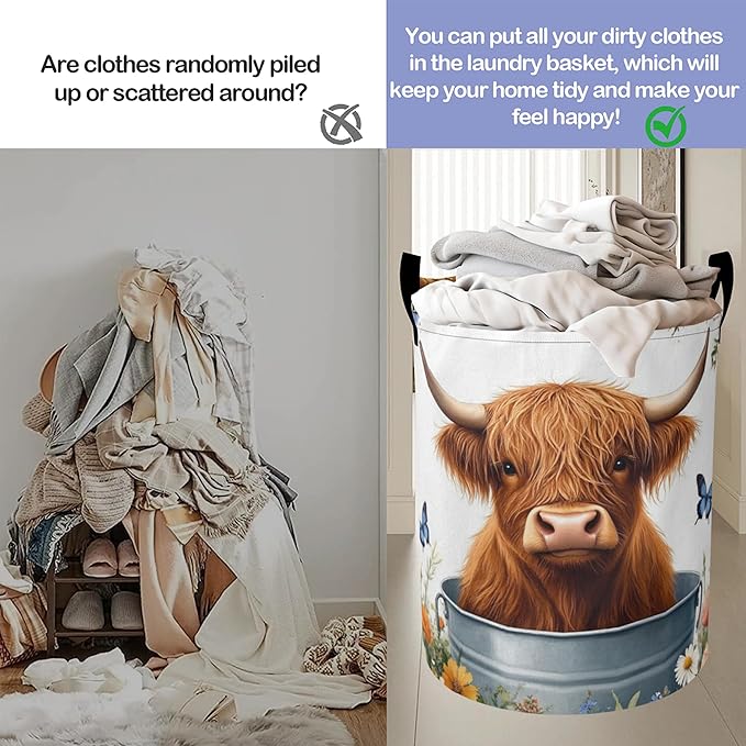 Cute Highland Cattle Laundry Basket, Butterfly Oxford Cloth Laundry Hamper With Handle Foldable Portable Clothes Storage Basket Storage Bag For Laundry Room/Bathroom/Bedroom/Dormitories