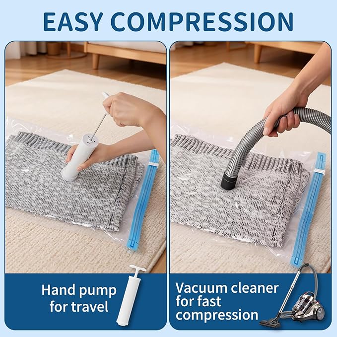 Vacuum Storage Bags for Clothing Travel,7 Pack Vacuum Bags with Pump,Space Saver Bags for Clothes Travel & Home (2 Roll-Up Bags,1 Small,1 Medium,1 Large,1 Jumbo,1 Super Jumbo)