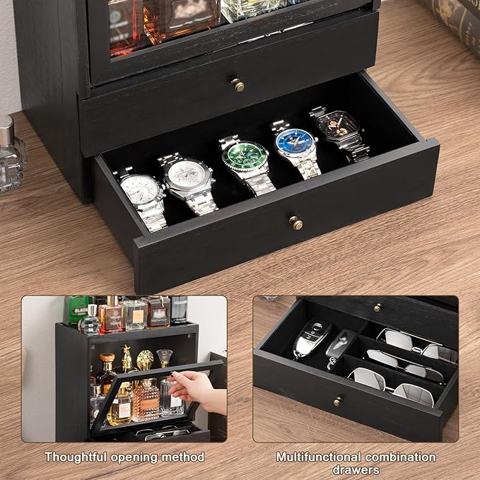 Emfogo Cologne Organizer, 4 Tier Vertical Wood Perfume Stand for Men, Large Capacity Dustproof Perfumes Organizer Cologne Stand with Double Drawer Storage, Gift for Loved ones (Black)