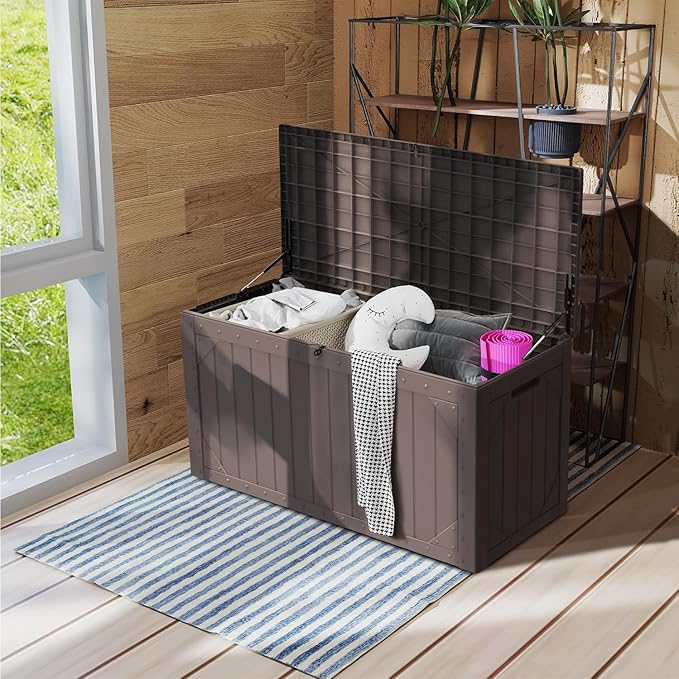 110 Gallon Resin Deck Box Waterproof Outdoor Storage Box for Patio Furniture Pool Accessories Indoor Storage for Cushion Garden Tools, Brown