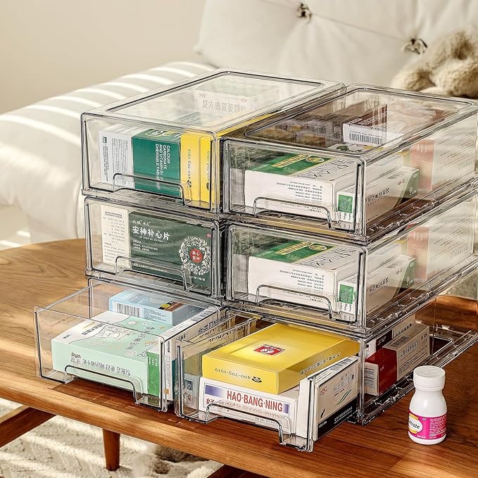 6 Pack Stackable Organizer Drawers, Clear Desk Storage Box,Transparent Drawer in Home, Office and Kitchen Pull Out Organizer Bins for Make Up, Jewelry, Pen, Desktop Stationary (6L drawer)