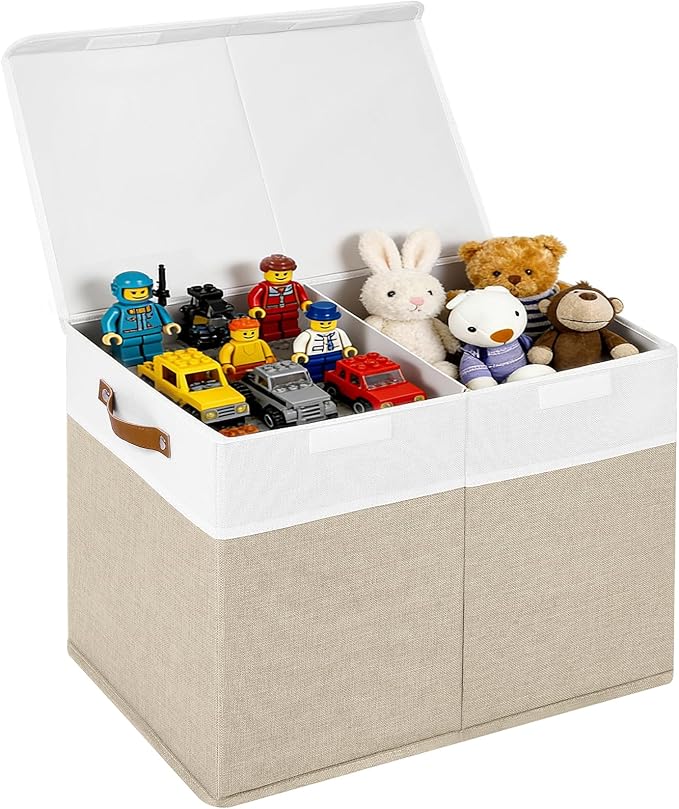 Large Toy Storage Box With Lid, Foldable Toy Storage Box with Handle and Dividers,Toy Storage Chest Suitable for living rooms, studies and bedrooms（24"X13"X16",White & Beige）