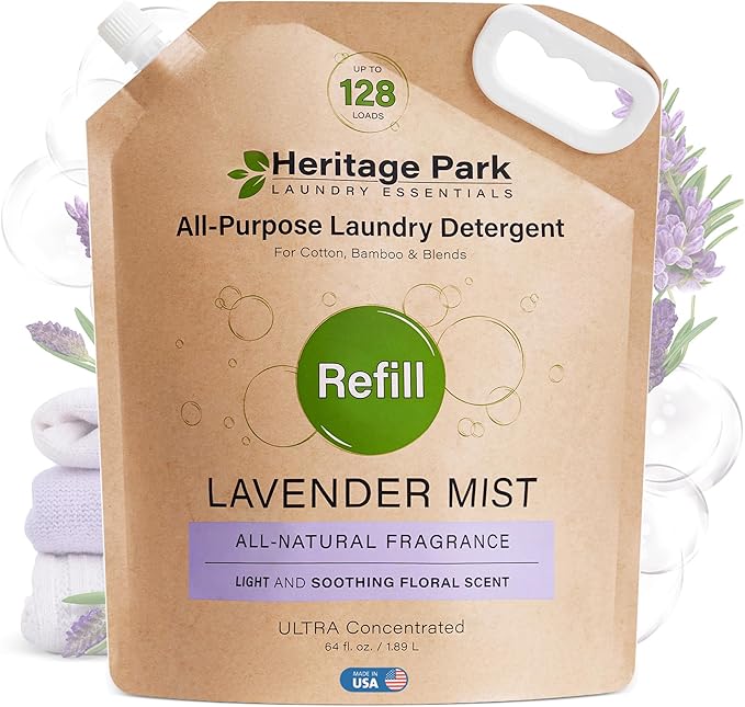 Heritage Park Luxury Laundry Detergent | Dermatologist Tested Plant based Natural & Enzyme Laundry Detergent | Sensitive Skin Friendly - Lavender Mist (64 fl oz Refill)