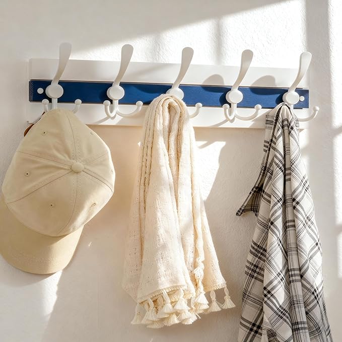 SKOLOO Coastal Wall Mounted Coat Rack - 16-7/8" Beach House Entryway Wooden Coat Hook with 5 Hooks for Hanging Coats, Hats or Towels, Oceanfront Cottage Core Collection, White & Blue, Pack of 2