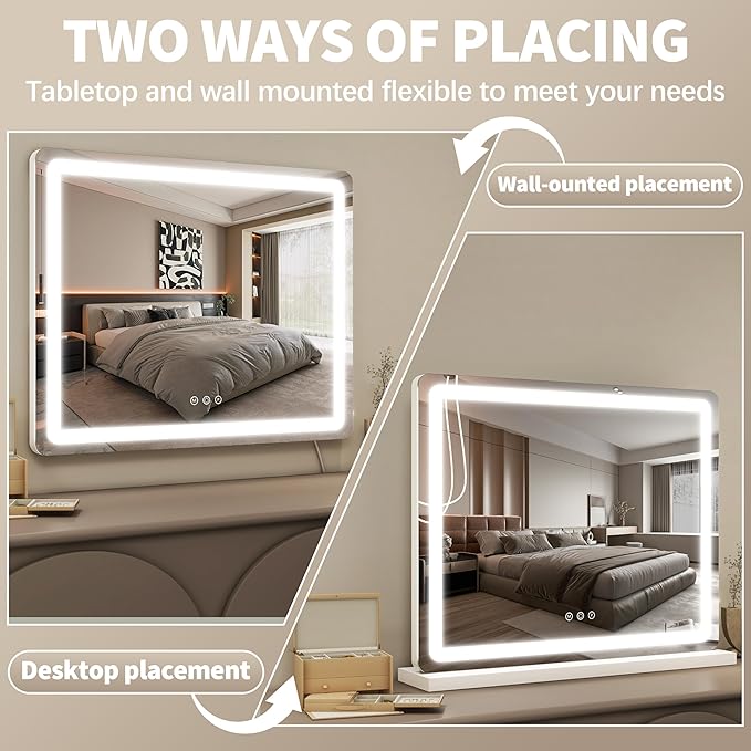 FENNIO 23" x 18" Vanity Mirror with Lights，LED Makeup Mirror，Hollywood Mirror with 3 Color Modes & Adjustable Brightness，Vanity Mirror White