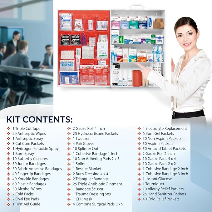 MFASCO Commercial Wall Mount 4 Shelf First Aid Kit - OSHA & ANSI Compliant, Refillable Metal First Aid Cabinet for Businesses, Large First Aid Kit Box for Office and Shop - No Label or Company Logo