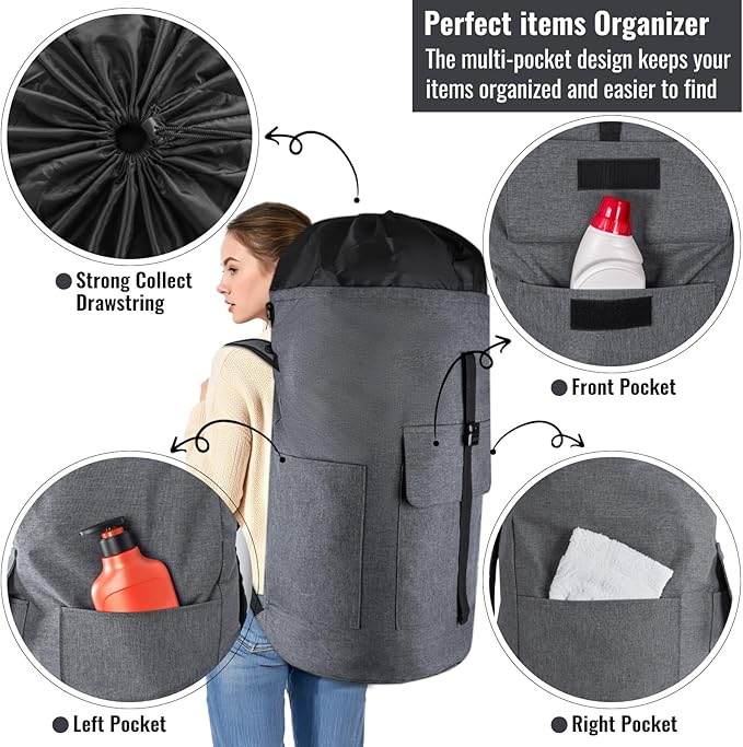 Laundry Bag Backpack, 125L Extra Large Laundry Backpack with Shoulder Straps, Adjustable Extendable Laundry Hamper Bag with 3 Pockets for College, Travel, Camping (Dark Gray)